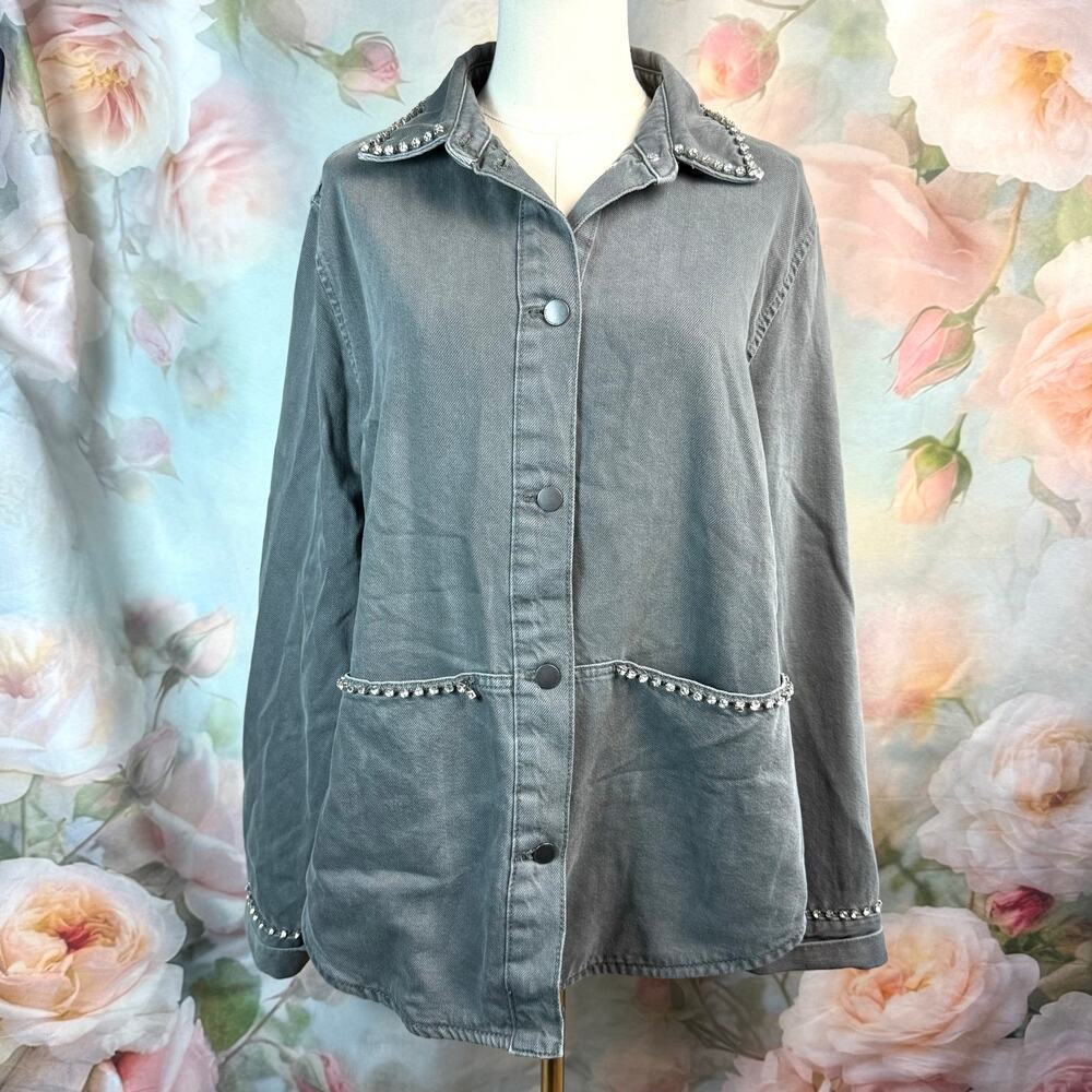 Zara Grey Denim Diamond Embellished Oversized Button Up Shirt Jacket